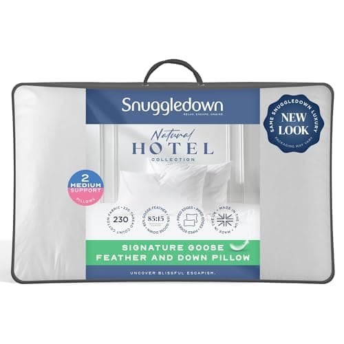 Image of Snuggledown Luxury Goose Feather & Down Pillows 2 Pack - Ethically Sourced 85:15 Blend, Medium Support Bed Pillow for Back Sleepers | UK-Made, Cotton Cover, Washable (48 x 74cm)