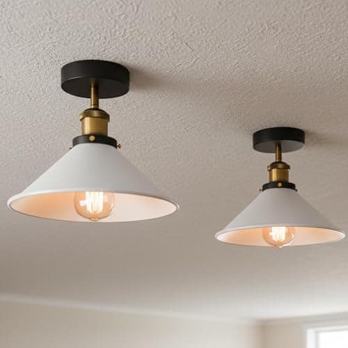 Image of LEDSone Industrial 2 Pack Indoor Ceiling Lamp E27 Fitting 22cm Cone Lampshade White Semi Flush Ceiling Lighting for Bedroom, Living Room, Dining Room, Kitchen, Corridor