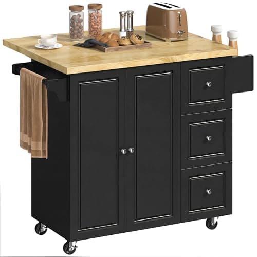 Image of HOMCOM Kitchen Island on Wheels, Wooden Rolling Kitchen Storage Trolley with Drop Leaf, Rubber Wood Top, Drawers, Adjustable Shelf, Towel and Spice Rack for Dining Room, Black