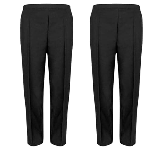Image of Pack of 2 Ladies Trousers Women Straight Leg Half Elasticated Waist Pants – Stretch Waist Casual Office Work Formal Pull-On Bottom with Pockets – Comfortable Lightweight Everyday Workwear Black 16/25
