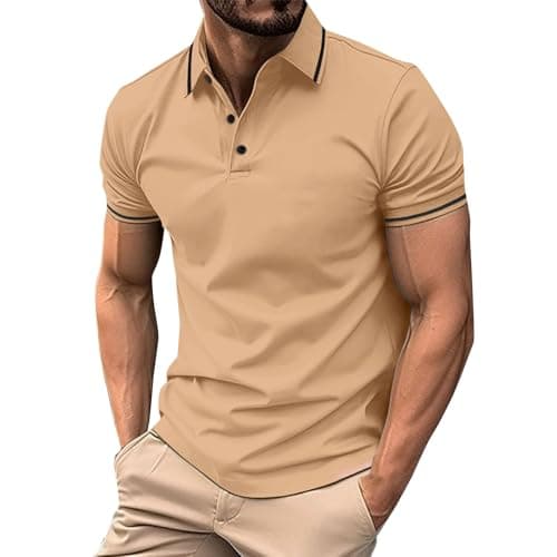 Image of DGZTWLL Mens Short Sleeve Pique Polo Shirt - Casual Slim Fit Contrast Collar Top, Soft Breathable Fabric for Summer & Daily Wear Yellow XL