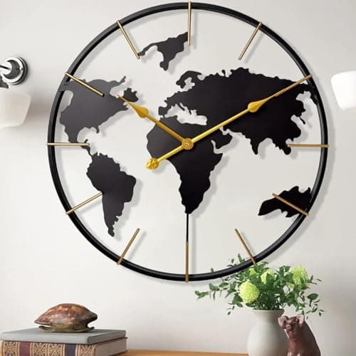 Image of Map4 24in,24In Large World Map Wall Clock Metal Retro Black Modern Clocks Round Silent Non-Ticking Battery Operated Wall Watch for Home,Kitchen,Bedroom,Office,Living Room