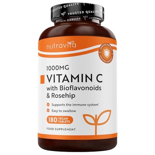 Image of Nutravita Vitamin C Tablets 1000mg - 180 Vegan & Vegetarian Vit C Tablets - 6 Months - High Strength Ascorbic Acid - Vitamin C Supplements with Bioflavonoids & Rosehip - Normal Immune System - UK Made