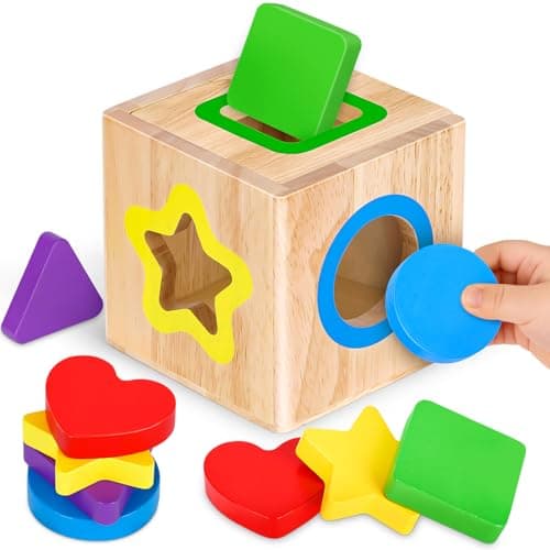 Image of Toddler Montessori Toys for 1 2 Year Old Boys Girls, Shape Sorter Wooden Baby Toys Gifts for 1 2 3 Year Old Girl Boy, Activity Cube Sensory Baby Toy 6 to 12 Months Colour Sorting Stacking for Kids