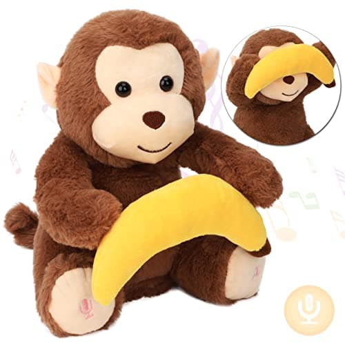 Image of Hopearl Peek A Boo Monkey with Banana Interactive Repeats What You Say Plush Toy Musical Singing Talking Stuffed Animal Adorable Electric Animate Birthday Festival, Brown, 11''
