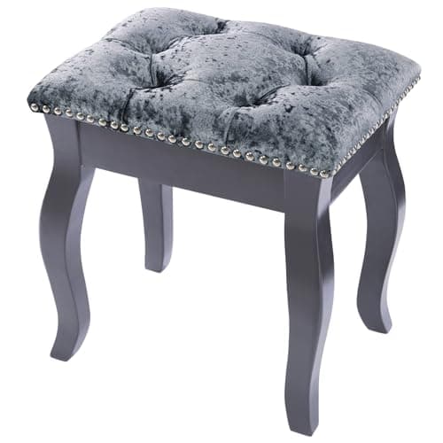 Image of Qivange Velvet Dressing Table Stool, Vintage Vanity Stool Chair for Bedroom Dressing Table, 24D Padded Cushion Makeup Chair 40cm(Length) x 30cm(Width) x 45cm(Height) (Grey Wood Legs)