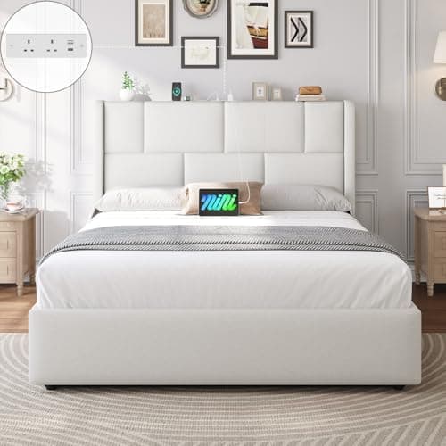 Image of Brinlawb 4ft6 Double Ottoman Bed Frame with Hydraulic Lift-Up Storage, Upholstered Double Bed Frame with Height-Adjustable Headboard & Charging Station, Ample Under-Bed Storage Space, 135x190cm White
