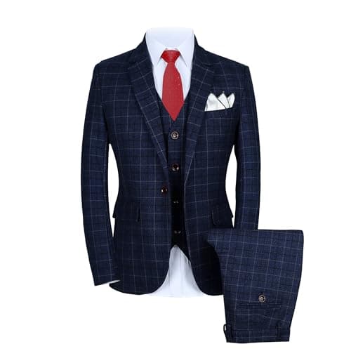 Image of Mens One Button Slim Fit Three Piece Checked Suit Blazer+Waistcoat+Pants UK Size 36 (Lable 2XL) Blue