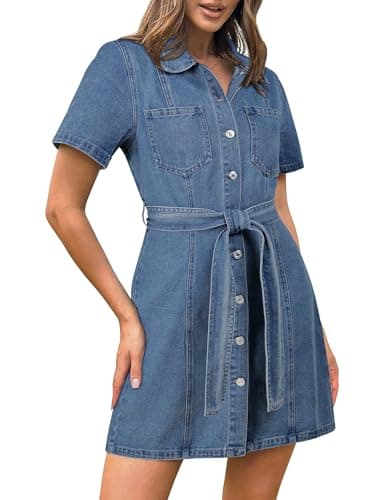 Image of Fengbay Denim Dresses for Women UK, Ladies Short Sleeve Button Down Casual Denim Shirt Dresses with Pocket Light Blue