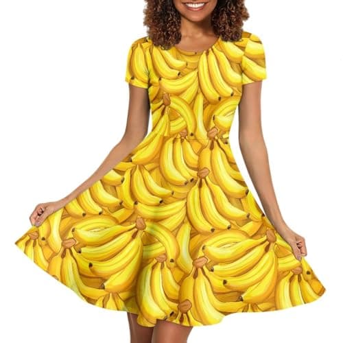 Image of Binienty Women's Summer Casual Loose Crewneck Dress Ruffle Puffy Long Sleeve High Waist Midi Dress, Banana Tropical, L