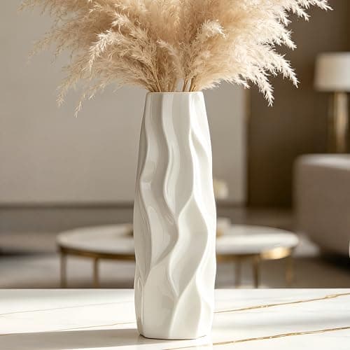 Image of DJYY 12 Inch White Ceramic Vase, Tall Decorative Flower Vase for Pampas Grass,Home Decor,Table Centerpieces,Modern Textured for Living Room