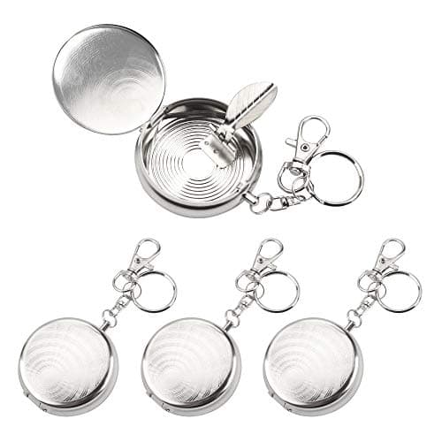 Image of Huayue 4pcs Portable Cigarette Ashtray, Mini Ashtray with Key Ring, Stainless Steel, Anti-Odour, Silver, S