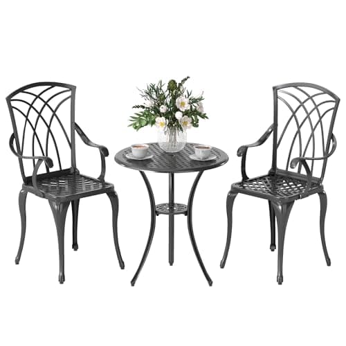 Image of Outsunny 3 Pieces Garden Dining Set for 2, Cast Aluminium Outdoor Dining Set with 2 Armchairs and Round Dining Table with Parasol Hole, Garden Furniture Set, Brown