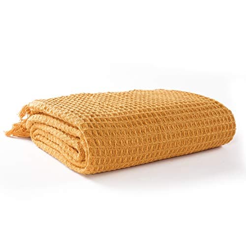 Image of EHC Waffle Throws for Sofa Armchair Blanket Single Bed Cover, 125 X 150cm - Ochre