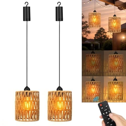 Image of Neulriscn Battery Operated Pendant Lights 2 Pack, Rattan Pendant Lights Outdoor Hanging Chandeliers with Remote Control, Boho Lampshade Woven Rattan Lighting Fixtures for Gazebo Porch Patio Decor
