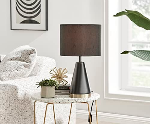 Image of Furniturebox UK Lighting - Zoe Black & Gold Metal Table Lamp Light (Including Bulb) - Modern Lamp with Tapered Base - Black Satin-Matte Metal & Gold Accent - Black Fabric Lampshade - Simple & Glam.