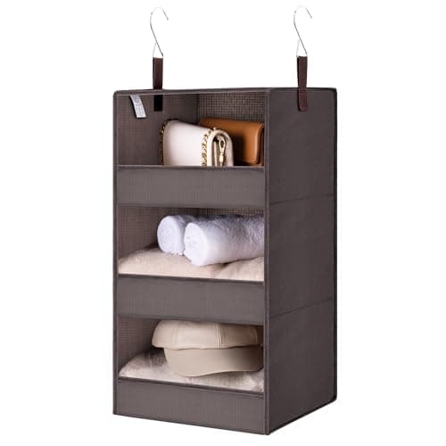 Image of GRANNY SAYS 3-Shelf Hanging Storage Organiser, Pack of 1 Hanging Wardrobe Storage Organiser, Collapsible Hanging Shelves for Closet, Fabric Hanging Shelf for Organising Clothes, Dark Brown