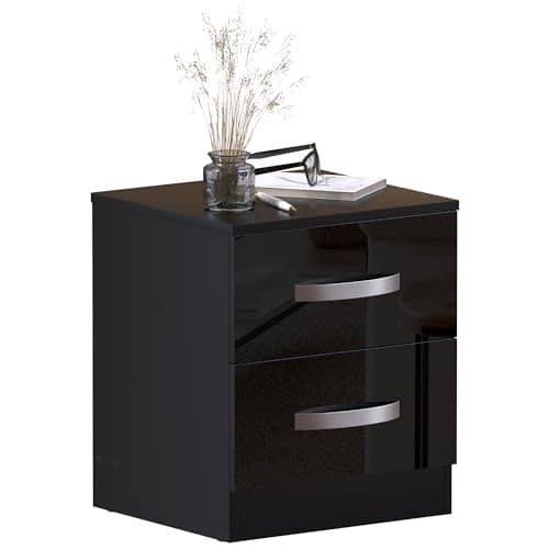 Image of Vida Designs High Gloss Bedside Cabinet Black, 2 Drawer With Metal Handles and Runners, Unique Anti-Bowing Drawer Support, Bedroom Furniture