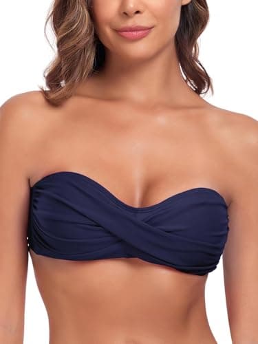 Image of Ocean Blues Women's Navy Blue Strapless Swimsuits for Women Bandeau Bikini Top Tie Back Halter Bathing Suit Top Suit Top Size Large