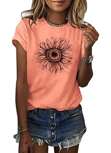 Image of Cicy Bell Women's Sunflower T Shirt Short Sleeve Shirts Summer Cute Graphic Tees Loose Cotton Tops Orange XL