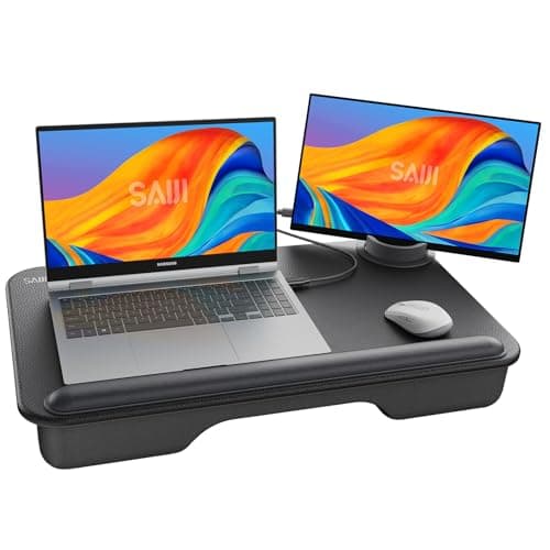 Image of laptop stand, SAIJI large leather desktop laptop tray, with phone holder, wrist rest, lapdesk for max. 17'' notebook, 6.7''h phone, 12.9'' tablet, 54 * 33cm