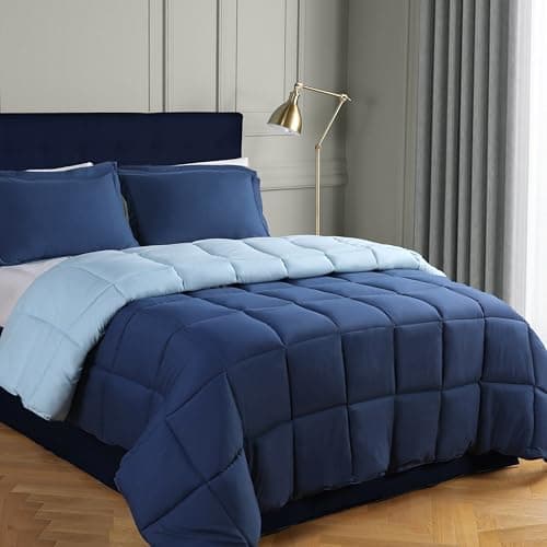 Image of HIG 2 Pieces Navy Reversible Coverless Duvet Single - 135 x 200cm - OEKO-TEX Certified - 10.5 Tog Duvet with Corner Tabs - Down Alternative Comforter with 1 Sham - Machine Washable