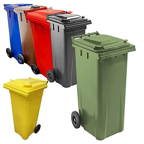 Image of Pluto Packaging 140 Litre Coloured Wheelie Bins Compact Sized Red Blue Green Grey Brown & Yellow For Home Office Strong Disposal Bins With Rubber Wheels & Lids (Red)