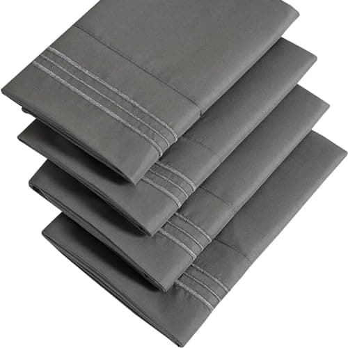 Image of YIYEA Embroidered Pillow Cases Queen Size Set of 4, 1800 Thread Egyptian Quality Brushed Microfiber Bed Pillowcases with Envelope Closure, Wrinkle, Fade and Stain Resistant (20"x30", Grey)