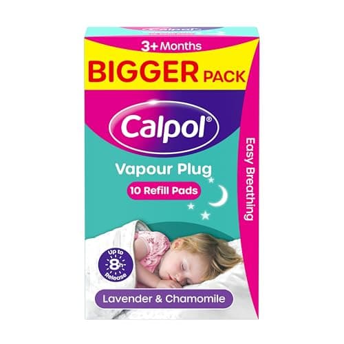 Image of Calpol Vapour Plug Refills XL 10 Count (Pack of 1), Lavender & Chamomile, Helps with Clear and Easy Breathing, Vapour Plug In & Nightlight Refill Pads for Soothing 8 Hour Night-Time, 3+ Months