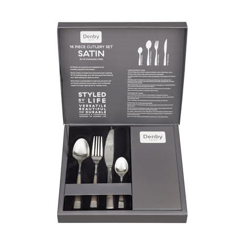 Image of Denby - Satin 16 Piece Stainless Steel Cutlery Set for 4 People - Dishwasher Safe Tableware Kitchen Service – Flatware Set with Fork, Table Knife, Dessert Spoon & Teaspoon, Silver