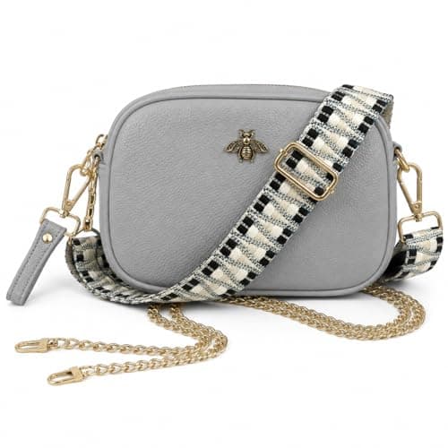 Image of Woodland Leathers Ladies Cross Body Bag, Shoulder Bag With Adjustable Wide Strap, Chain And Wrest Band, Italian Designed Multipurpose Shoulder & Crossbody Bags For Women (Light Grey)