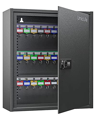 Image of Uniclife 60 Position Key Cabinet with Combination and Key Lock Resettable Black Digital Security Storage Box Key Organizer with Adjustable Racks Colorful Key Tag Labels and Hooks