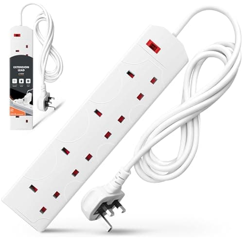 Image of Wolf Power 4 Way Extension Lead, 2 Metre Extension Cable with UK 3 Pin Plug, Multi Socket Power Strip, Wall Mountable, Suitable for Home, Office & Appliances (White, 1 Pack)