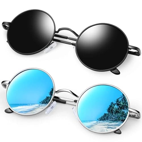 Image of KANASTAL Mirror Round Sunglasses Mens Blue Polarised Hippie Style Vintage Circle Womens Mirrored UV Small - Black Frame Black Lens + Metal Frame Blue Lens