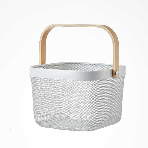 Image of Eden & Willow Mesh Wire Metal Storage Basket with Wooden Handle - Versatile Organiser for Kitchen, Bathroom, Office - Stackable & Durable (White, Small)