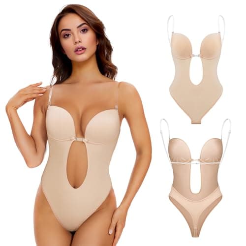 Image of Sahunfri Strapless Shapewear Bodysuit for Women Tummy Control,Waist Tightening Clear Bra Straps with Deep V-Neck Backless Bra for Parties,Homewear (Flesh, M)