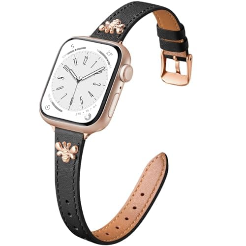 Image of CeMiKa Slim Leather Straps Compatible with Apple Watch Strap 42mm 44mm 45mm 49mm 46mm, Thin Leather Band for Apple Watch Ultra/Ultra 2/iWatch Series 10 9 8 7 6 5 4 3, Women Men, Black/Rosegold Bee