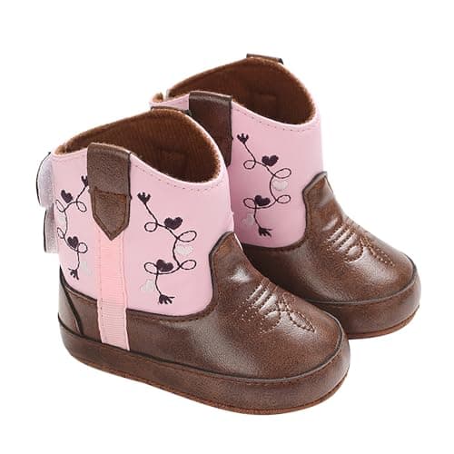 Image of Baby Leather Ankle Boots Baby Girls Cowboy Leather Boots Pull on Ankle Moccasins Grip Shoes Soft Sole Toddler Non Slip Toddler Stay On Booties 12-18 Months Z0_Pink