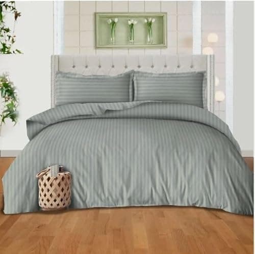 Image of mia Stripe Duvet Cover Zip Closure With Pillow Case 100% P Cotton Duvet Bedding Set (Light Grey, Double)