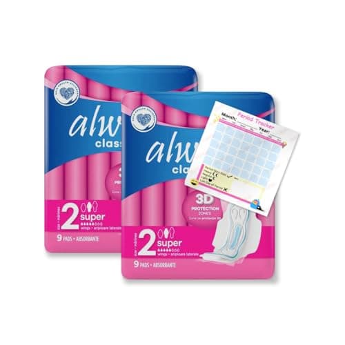 Image of Always Classic Pads with Wings Size 2 Super - 18x Sanitary Towels (2 Packs of 9 Each) 3D Protection for Heavy Flow, Secure Fit, Leak Protection, Individually Wrapped, Including Period Tracker