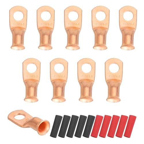 Image of sourcing map 10pcs 4 AWG M8 Battery Lugs Ring Terminals, 5/16" 8mm Stud Crimp Wire Terminal Connector End Copper, 2:1 Heat Shrink Tubing, Gold