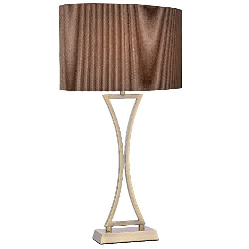 Image of Antique Brass Modern Concave Curved Table Lamp with Brown Oval Micro Pleat Shade | 53cm Height | 1 x ES E27 Lamp Bulb Required (Not Included) | Inline Switch | UK Approved | Contemporary Design
