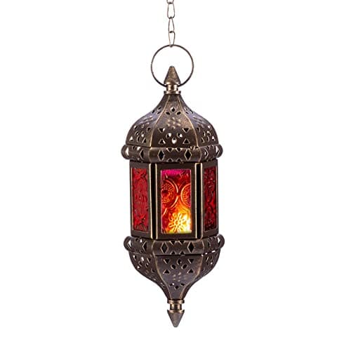Image of Nuptio Moroccan Candle Lantern Hanging Tea Light Candle Holders Metal & Glass Ramadan Lamp Brown Decorative Lanterns for Candles for Living Room Balcony Patio Halloween Christmas Decorations, 1 Pc