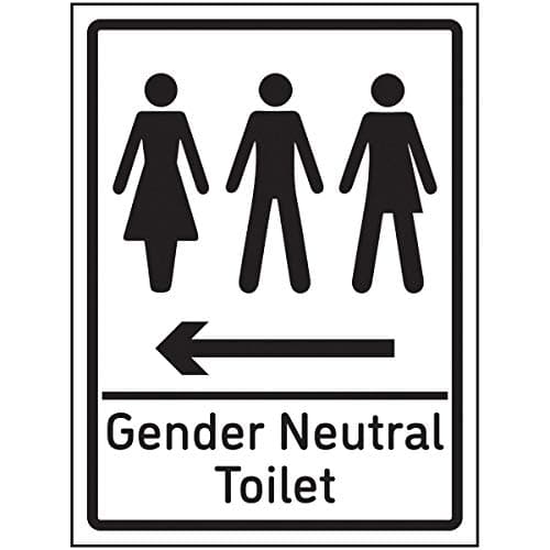 Image of VSafety Gender Neutral Toilet Arrow Left Sign - 150x200mm - Self Adhesive Aluminium Effect