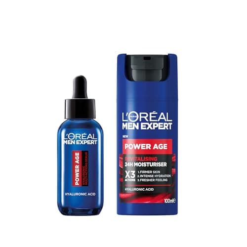 Image of L’Oréal Paris Men Expert Power Bundle Gift Set for Men, Revitalising Moisturiser XL 100ml and Multi-action Serum 30ml, Power Age Duo With Hyaluronic Acid, for Dull and Dry Skin