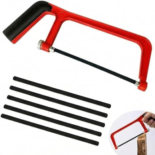Image of Mini Hacksaw 6 in with 5 Manganese Steel Blade, 150mm Cut Hack Saw Set, Cutting Hand Saw (Red)