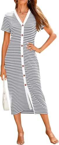 Image of TANMESSO Women's Summer 2024 Short Sleeve Casual Striped Midi Dress Decorative Button Ribbed Knit Party Dress (grey,L,L,Regular,Regular)