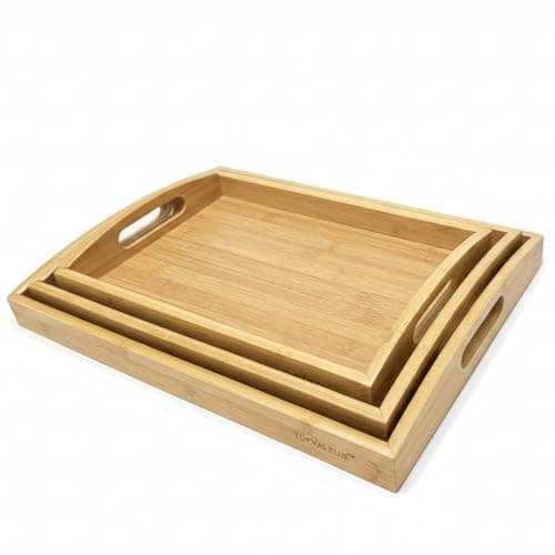 Image of Topvaleur Wooden Tray Set - Bamboo Serving Tray and Wooden Platter Set of 3 - Elegant and Durable Serving Trays for Breakfast in Bed & Tea