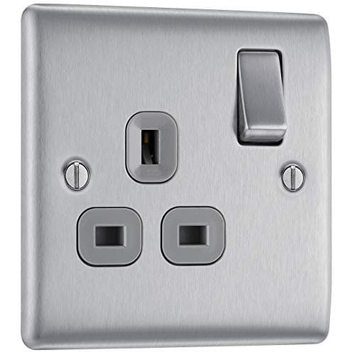 Image of BG Electrical Single Switched Power Plug Wall Socket, Raised and Slim Profile, Round Edges, Nexus Metal, Brushed Steel, Grey Inserts, 13A, NBS21G