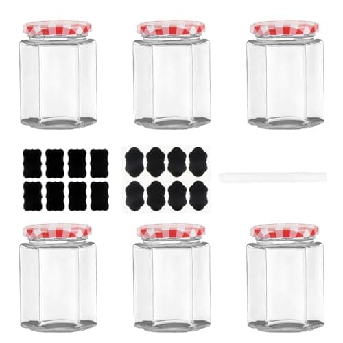 Image of MEETOZ Glass Hexagonal Storage Jars, 280ml / 9oz with Screw Top Red Gingham Lids, Airtight Pickle Jars, for Candle Making & Preserving
